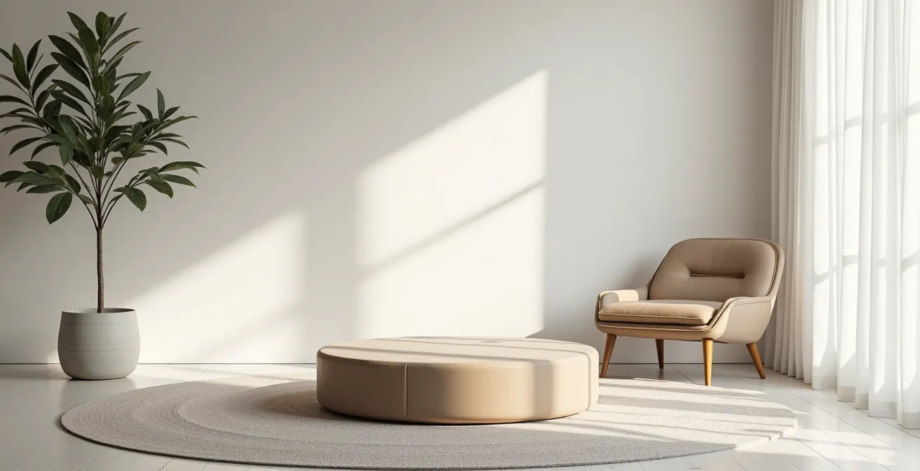Salon moderne avec table basse ronde facilitant la circulation, atmosphère lumineuse et épurée