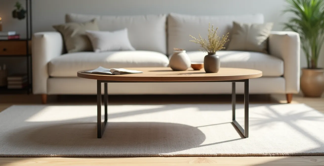 Table basse minimaliste avec pieds métalliques et couleurs neutres dans un salon contemporain