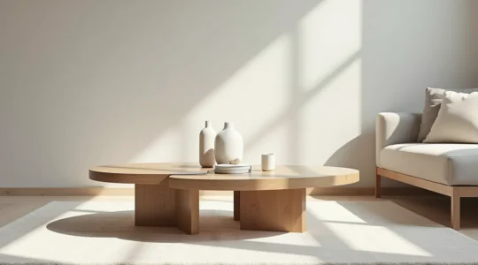Photographie réaliste d'une table basse moderne et élégante dans un salon minimaliste avec lumière naturelle douce et arrière-plan épuré