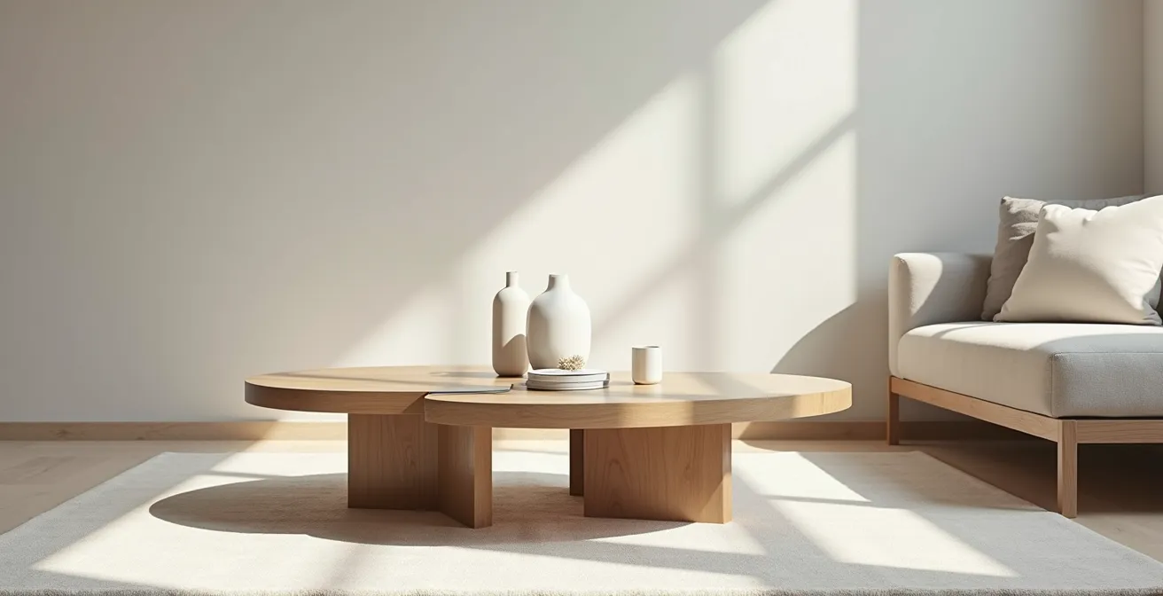 Photographie réaliste d'une table basse moderne et élégante dans un salon minimaliste avec lumière naturelle douce et arrière-plan épuré