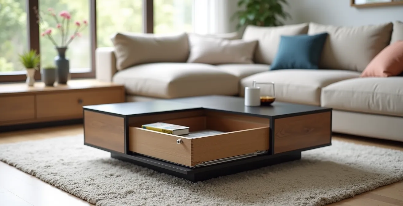 Table basse moderne avec plateau relevable et rangements intégrés dans un salon lumineux