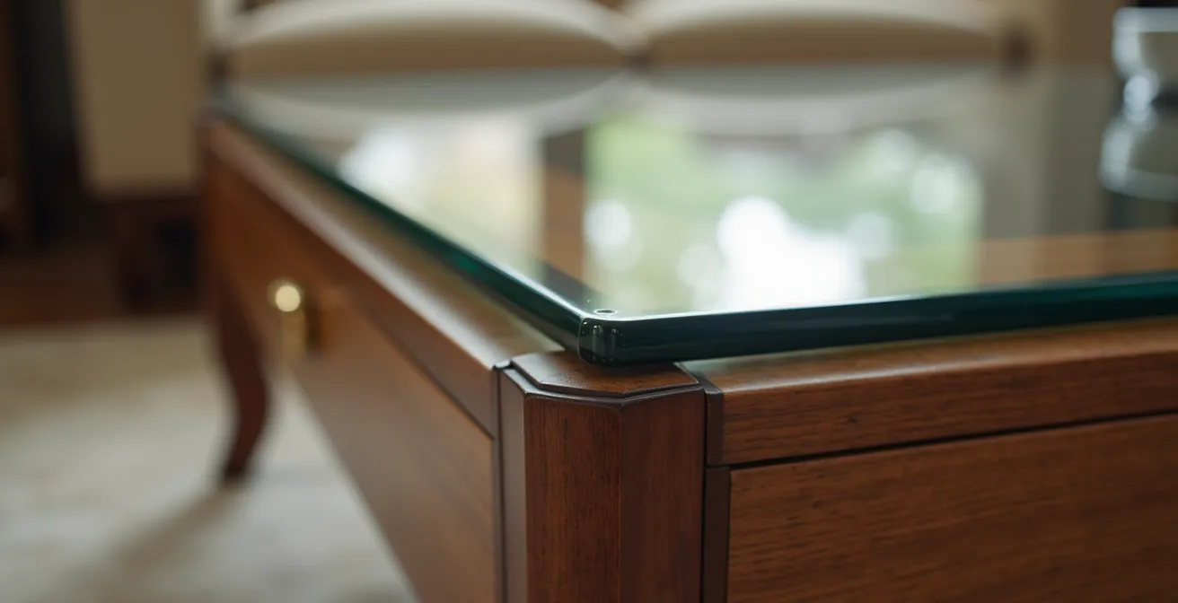 Gros plan sur les textures fines du bois, du verre et du métal d'une table basse