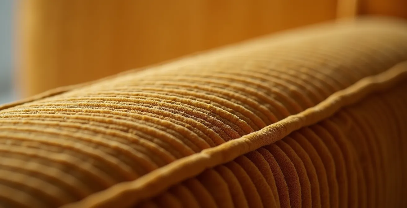 Détail macro de la texture d'un tissu de canapé en velours côtelé