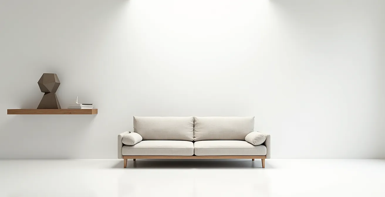 Salon minimaliste avec canapé bas central créant une ambiance zen