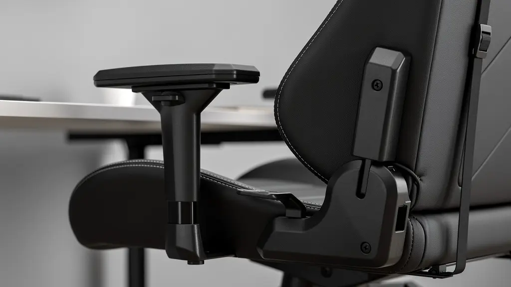 Détail du support lombaire ajustable et des accoudoirs réglables d'une chaise gaming