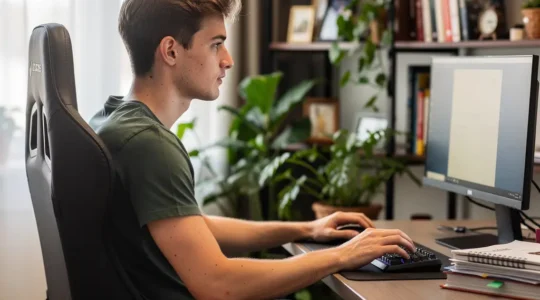 Télétravailleur utilisant une chaise gaming ergonomique dans son bureau à domicile